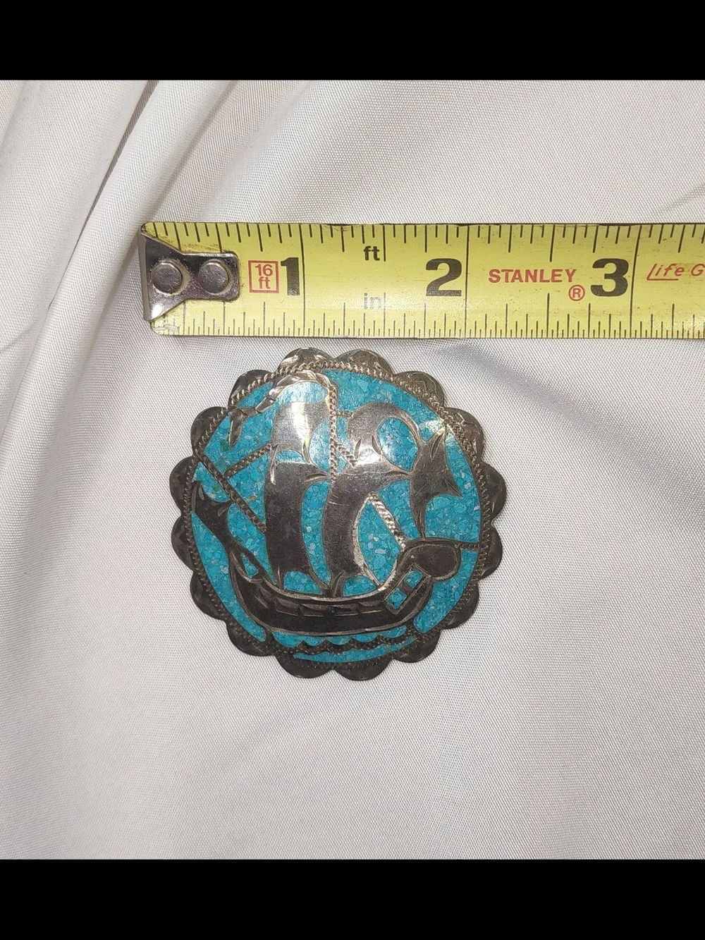 Turquoise Inlay Ship Pin/Pendant, Signed, Vintage